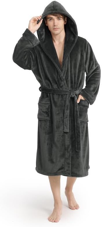 Yurhap Hooded Mens Robe, Cozy Fleece Bathrobe for Men, Plush Robe with Belt