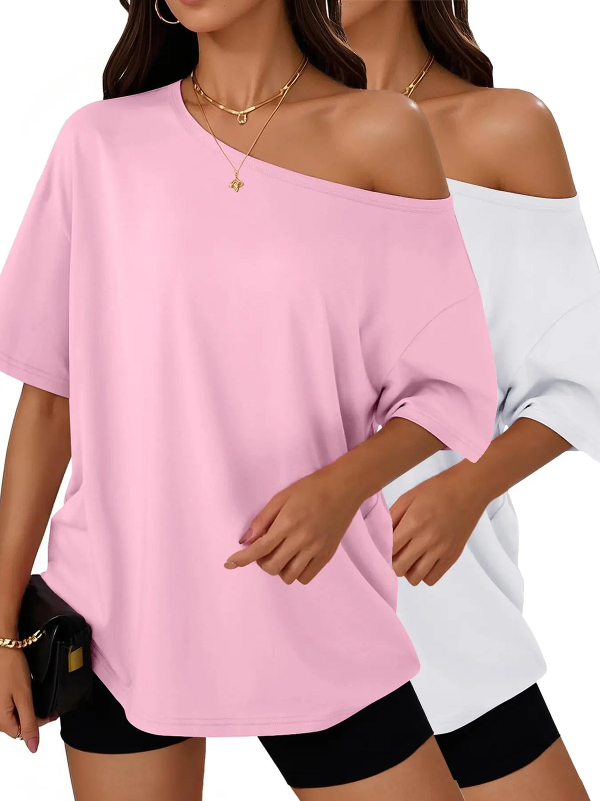 Women's Summer Shoulder-Exposed Sleepwear Set, Loose Fit Short Sleeve T-Shirt, Casual Home Wear, Outdoor Use, Loungewear, 1 Piece, Loose Lounge Clothes