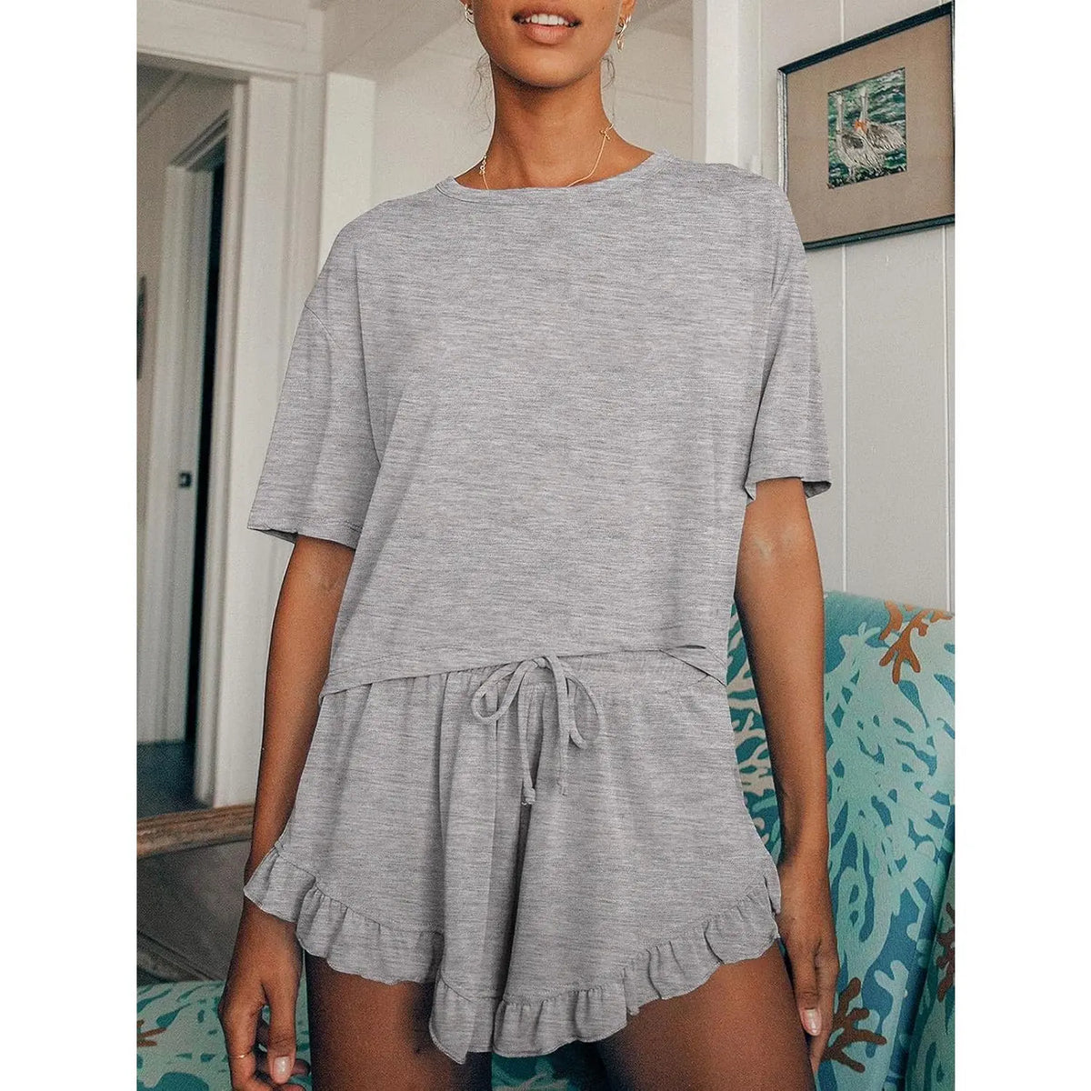 Imily Bela Womens Pajamas Set Lounge Sets Cropped Short Sleeve T Shirts Drawstring Ruffle Shorts Soft Sleepwear