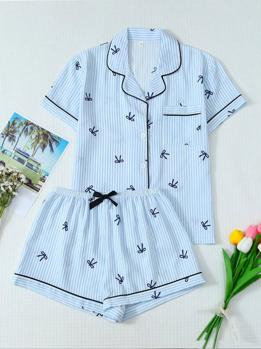 Women's Bow Print Stripe Shirt & Shorts Pyjama, Casual Comfy Short Sleeve Woven Pj Set, Ladies Sleepwear for Summer, Pajamas Sleepwear, Loungewear, Pajama Set