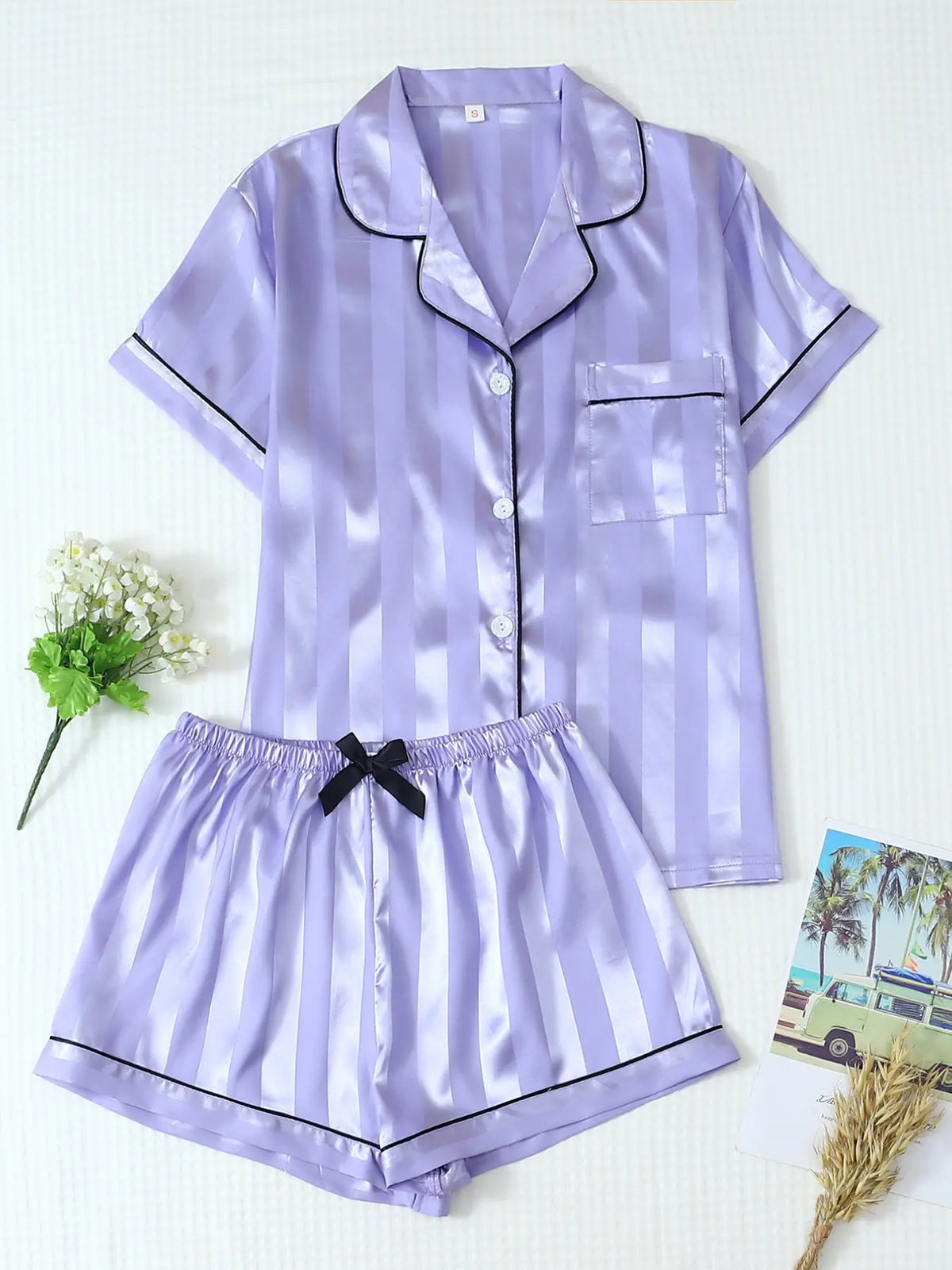Women's 2-Piece Satin Pajama Set, Striped Collared Short Sleeve Top with Pockets, Bow Shorts, Loungewear Shorts Sets, Casual Home Wear, Fitted Style, Loungewear, Loungewear Outfit, Homewear, Nightwear, Pjs, Pyjamas