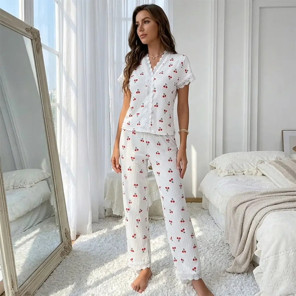 FEITAI Women's 2-Piece Cute Knit Ribbed Top Pajama Set - Short Sleeve Button-Front Sleepwear, Soft Fabric, Loose Fit, Lace-Trimmed Bottoms, Stylish Loungewear Home Outfits