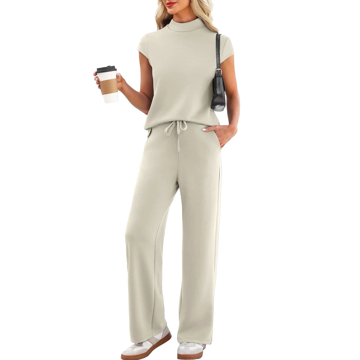 Women's 2-Piece Minimalist Lounge Set - Mock Neck Short Sleeve Top, Wide Leg Drawstring Pants, Breathable Fabric Summer Travel Basics, Cap-Sleeve Chic Sohochic