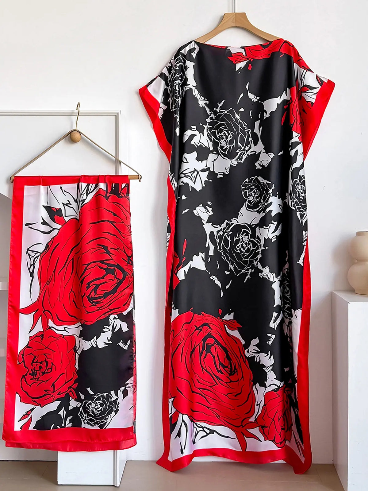 Elegant Floral Print Long Robe Set for Women, Spring Summer Casual Loose Fit, Sun Protection Satin Scarf Included