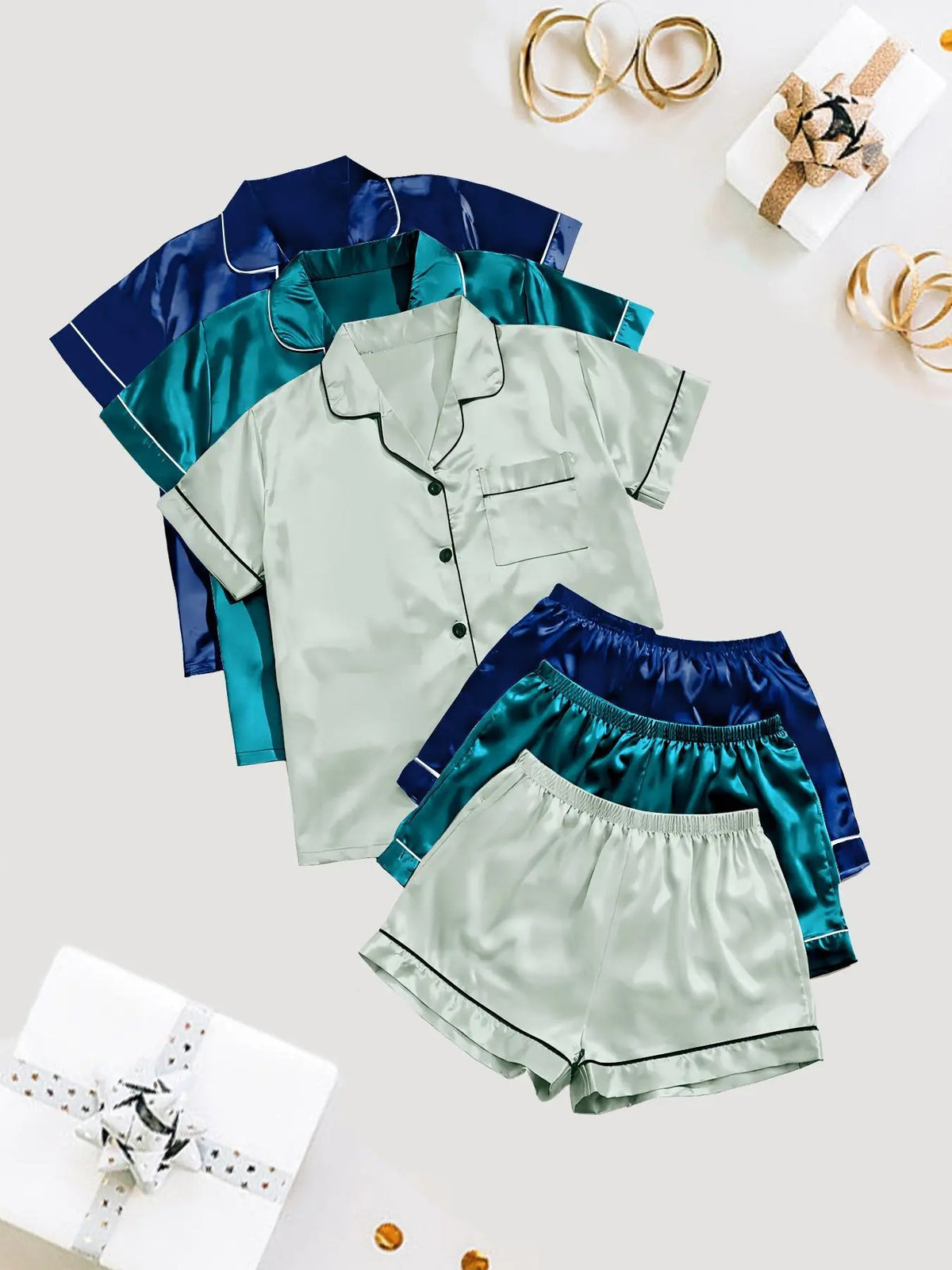 Women's Solid Satin Pyjama Set, Short Sleeve Button Front Lapel Shirt & Contrast Binding Shorts PJ Set, Summer Sleepwear Set, Loungewear, Pajamas, Silky Satin Pajama