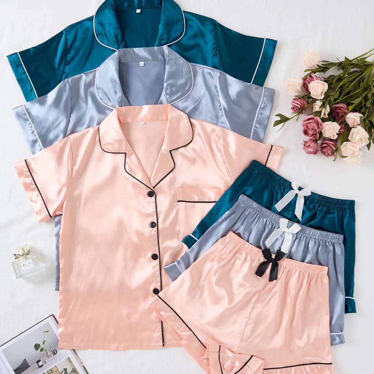 Women's 6-Piece Short-Sleeve Pajama Loungewear Set - Elastic Waist Shorts, Stylish Floral/Leopard Fabric, Elegant Fitted Style, Lounge Set for Women, Valentine Occasions