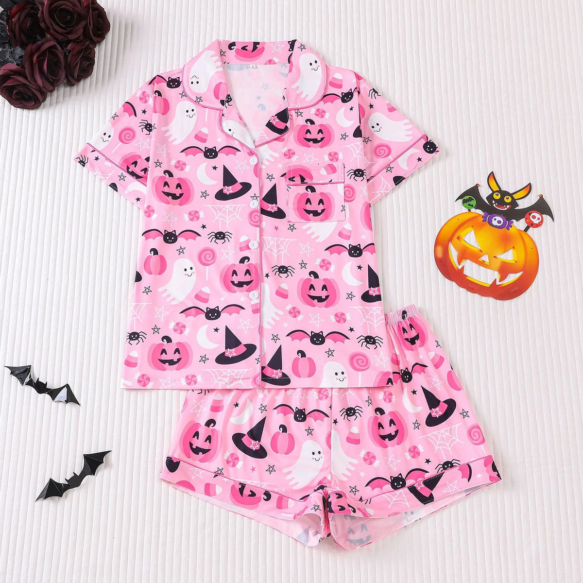 Msrlassn Women's Halloween Print Lapel Neck Pajama Set Casual Comfy Short Sleeve Top & Shorts Pj Set Ladies Sleepwear for All Seasons Loungewear