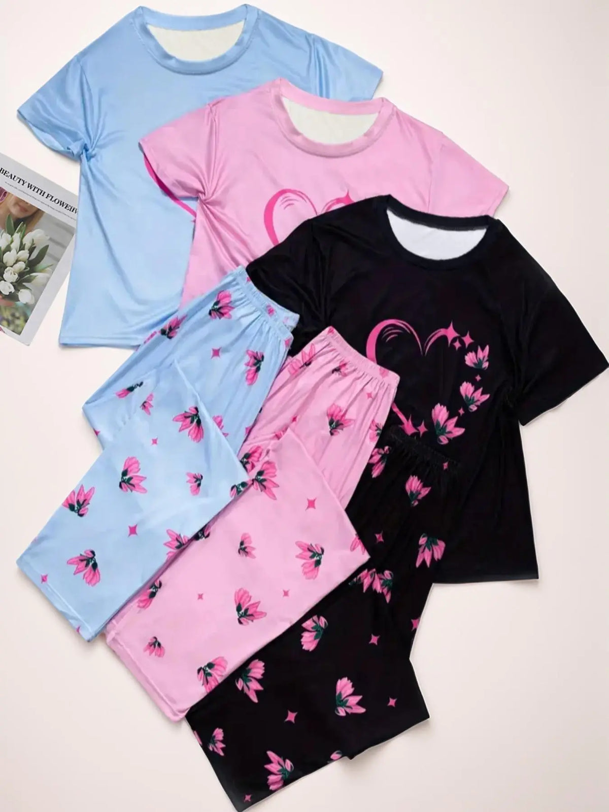 6 Counts Women's Heart & Butterfly Print Pajama Set, Short Sleeve Tee & Elastic Waist Pants Loungewear Set, Women Cute Nightwear, All Seasons Nightwear, PJ Sets for Women, Casual Sleepwear Loungewear, Love Print Sleepwear, Summer Outfits 2024
