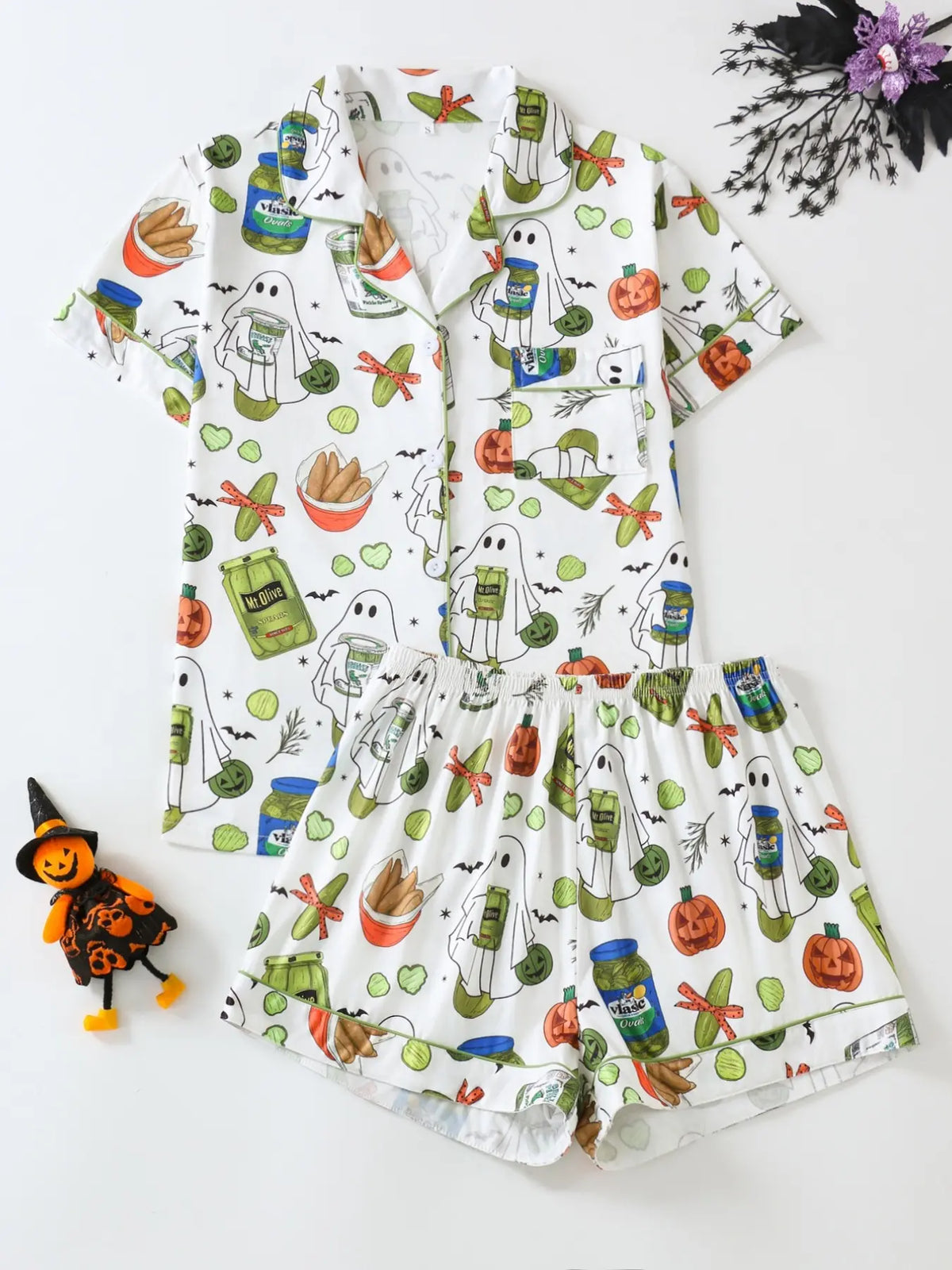 Women's Halloween Pyjama Set, Fun Print Pumpkin Nurse Ghost Full Print, Fitted Short Sleeve Top + Loose Comfortable Shorts, Casual Sleepwear, Halloween Loungewear