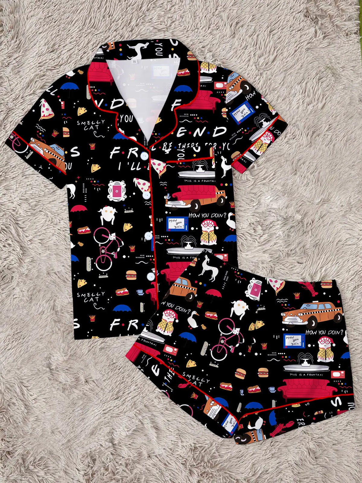 Women's Pajama Set, Retro Pop-Art Print Sleepwear, Short-Sleeve Top & Shorts Two-Piece, Soft Loungewear, Lounge Clothes & PJs for Spring