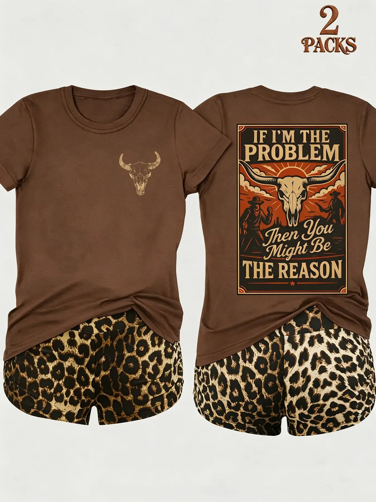 2-Pack Value Set, Matching Short-Sleeve Tees & High-Waisted Leopard Print Shorts, Comfortable Sleepwear for Lazy Days & Cozy Nights, Loungewear Pajama Set