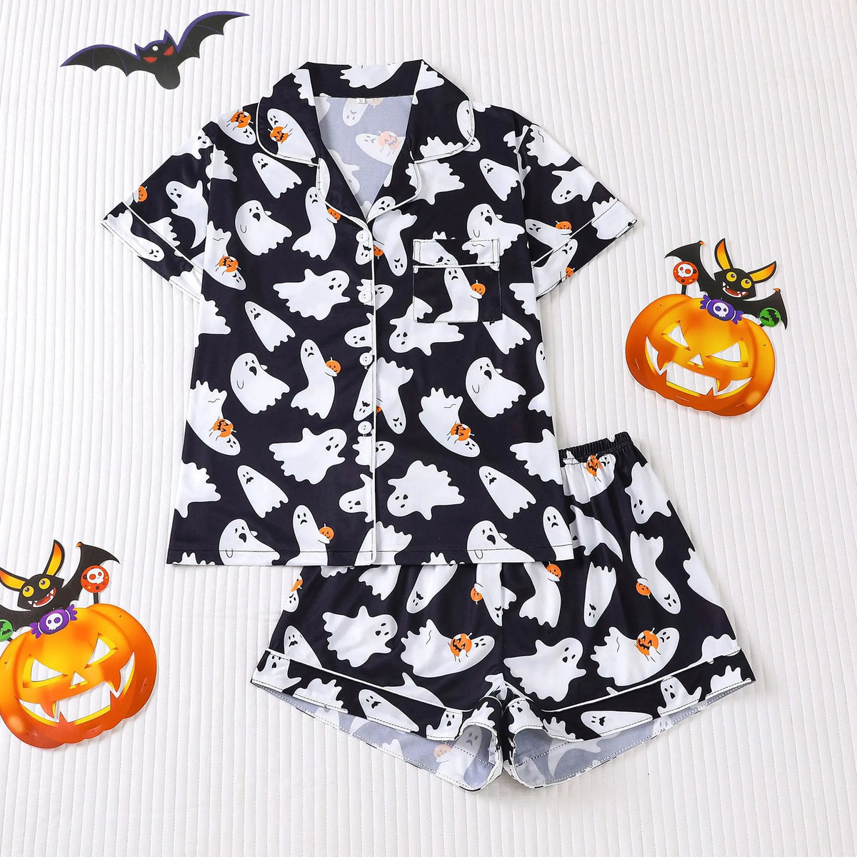 Msrlassn Women's Halloween Print Lapel Neck Pajama Set Casual Comfy Short Sleeve Top & Shorts Pj Set Ladies Sleepwear for All Seasons Loungewear