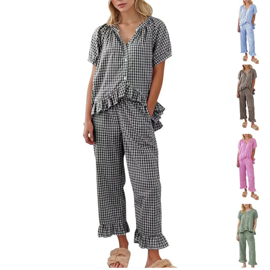 SCUSTY Women Two Piece Sets Y2k Plaid Pajama Sets Ruffle Hem Gingham Short Sleeve Shirt High Waist Bell Bottom Pants Lounge Cute Soft Sets