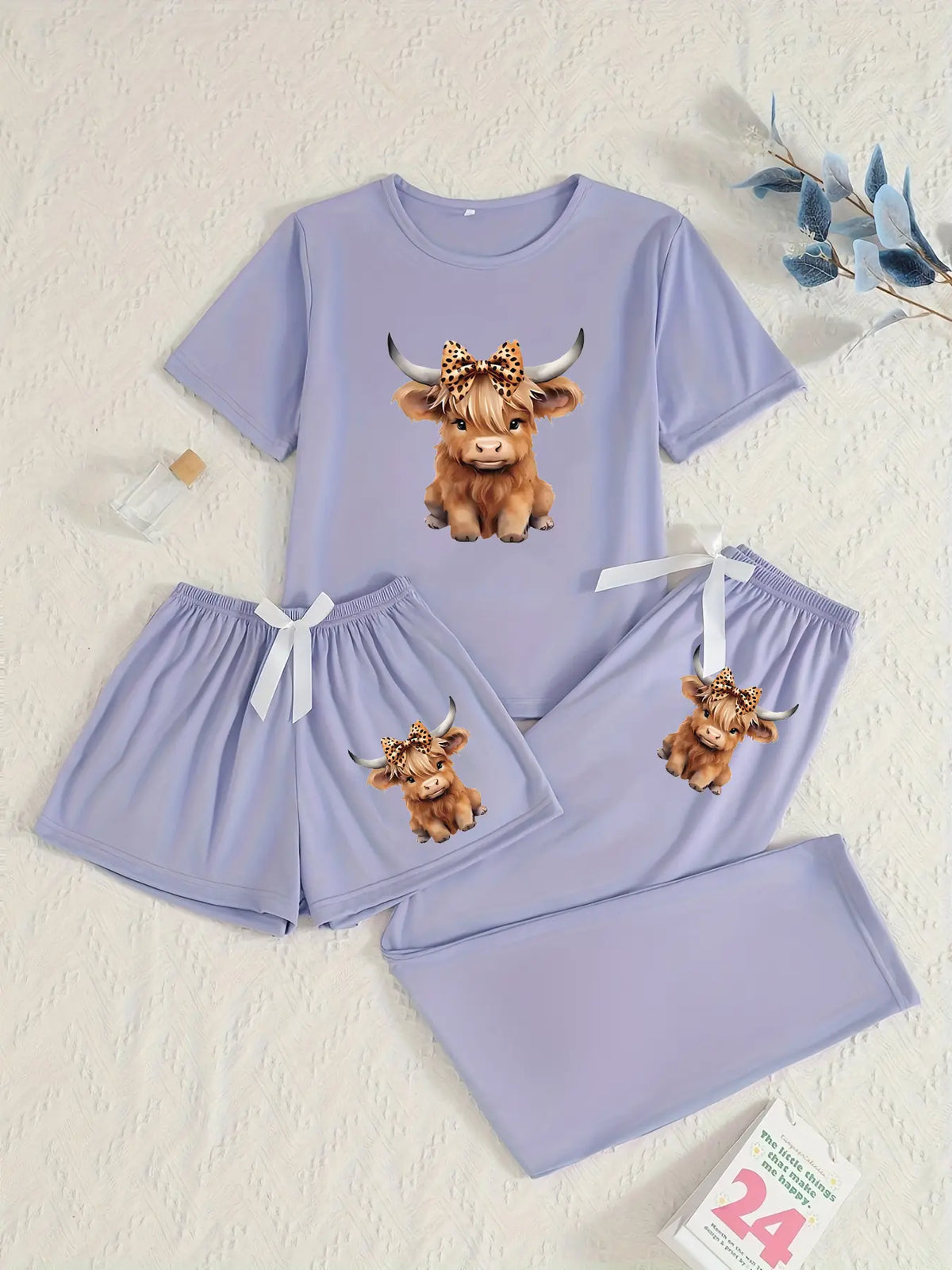 Cartoon Highland Cow Print Women's Pajama Sets, Casual Pajamas Set, Casual Comfy Pajama, Matching Pyjamas, Casual All Seasons Nightwear, Fitted Knitted Fabric Sleepwear & Loungewear