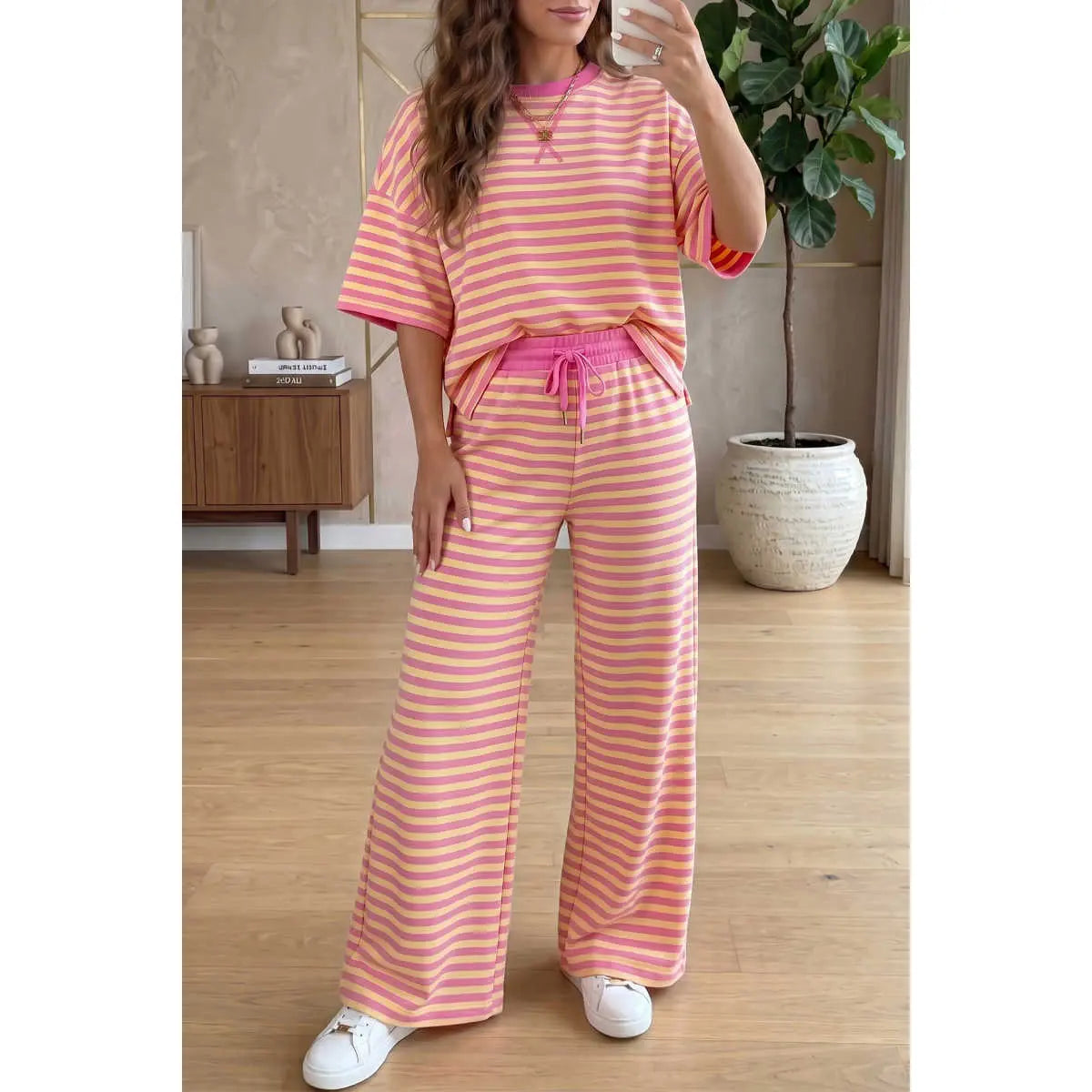 Women's 2-Piece Cotton Blend Loungewear Set - Lightweight Crew Neck Striped Colorblock Tee with Elastic Detail, Adjustable Wide Leg Drawstring Shorts, Casual Matching Women's Clothing Set, Two Piece Set,sohochic loose long pant
