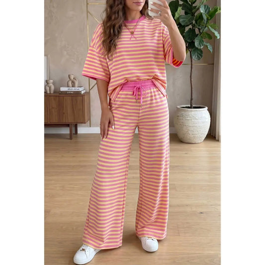 Women's 2-Piece Cotton Blend Loungewear Set - Lightweight Crew Neck Striped Colorblock Tee with Elastic Detail, Adjustable Wide Leg Drawstring Shorts, Casual Matching Women's Clothing Set, Two Piece Set,sohochic loose long pant