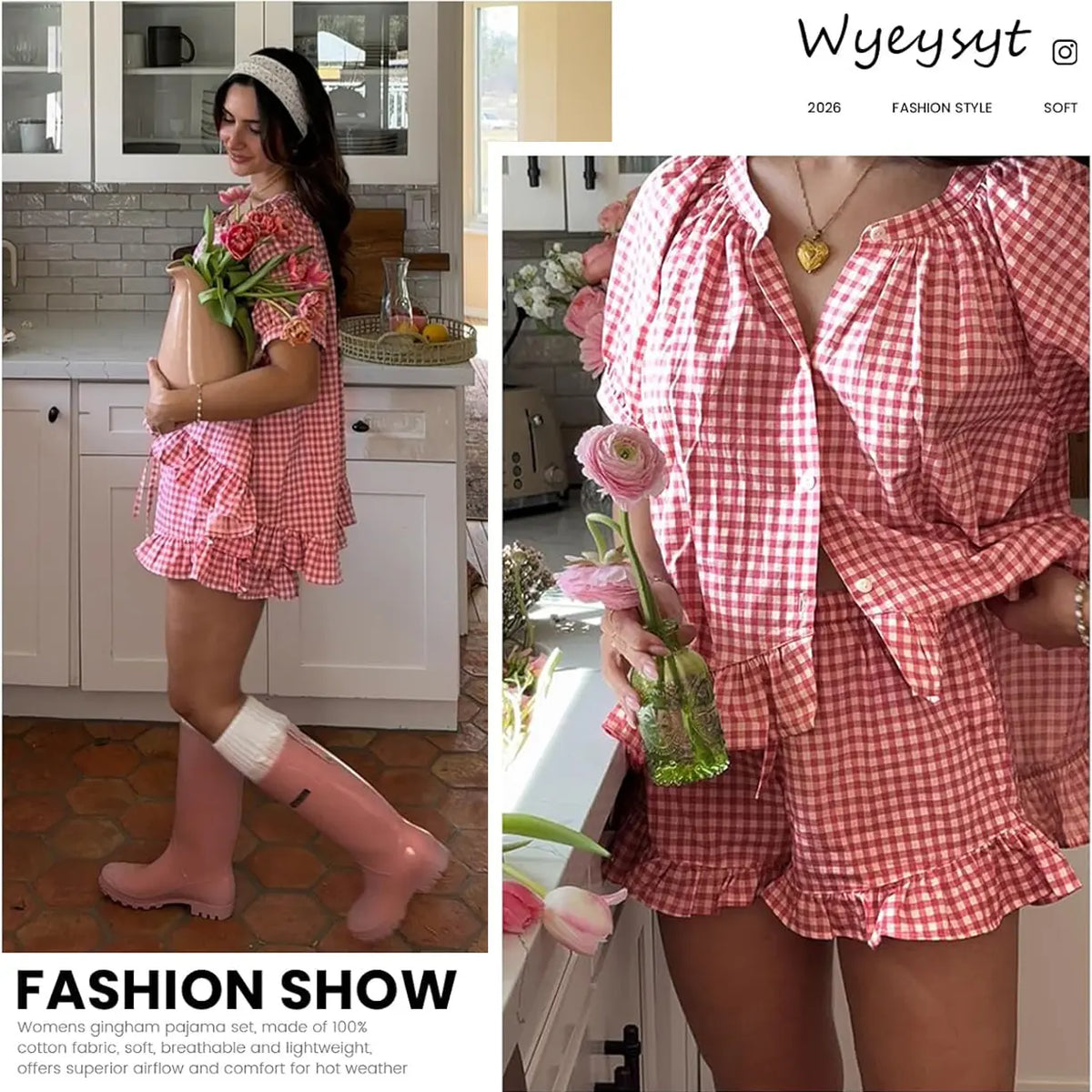Arssm Women’s Gingham Pajamas Set – 2-Piece Cotton PJs with Ruffle Babydoll Shirt & Plaid Shorts for Cozy Sleepwear & Lounge Outfits