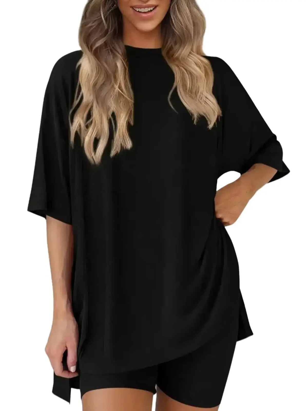 Women's Solid Color T-Shirt and Tight Shorts Set, Casual Summer Comfort Round Neck Sleepwear Loungewear, Pocket Design, Outdoor Wear, Lounge Clothes