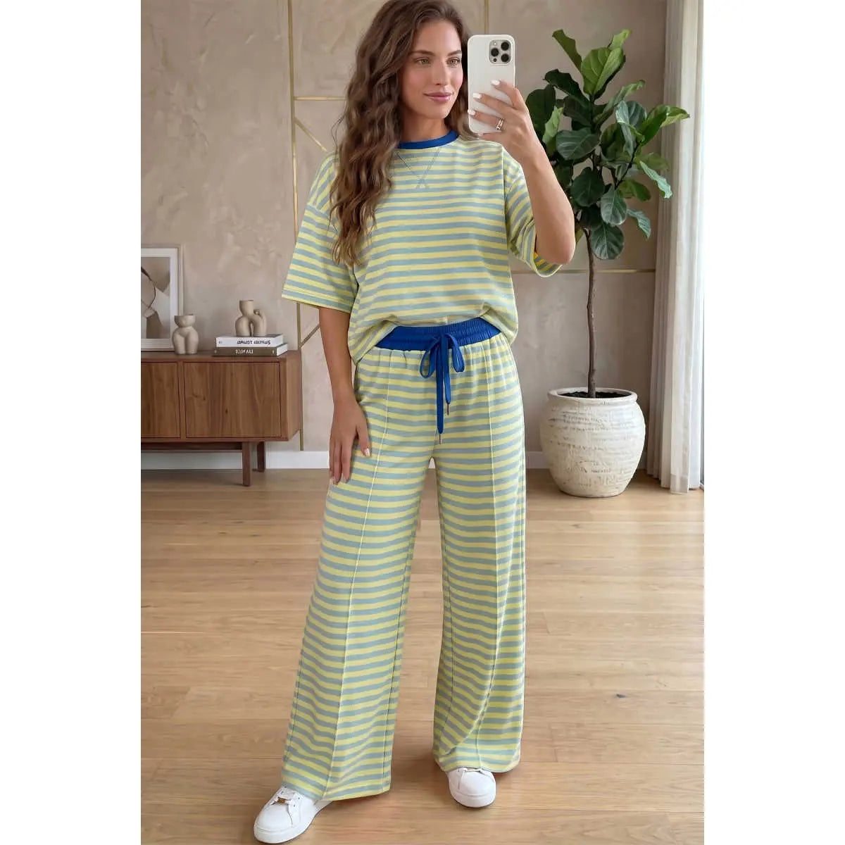 Women's 2-Piece Cotton Blend Loungewear Set - Lightweight Crew Neck Striped Colorblock Tee with Elastic Detail, Adjustable Wide Leg Drawstring Shorts, Casual Matching Women's Clothing Set, Two Piece Set,sohochic loose long pant