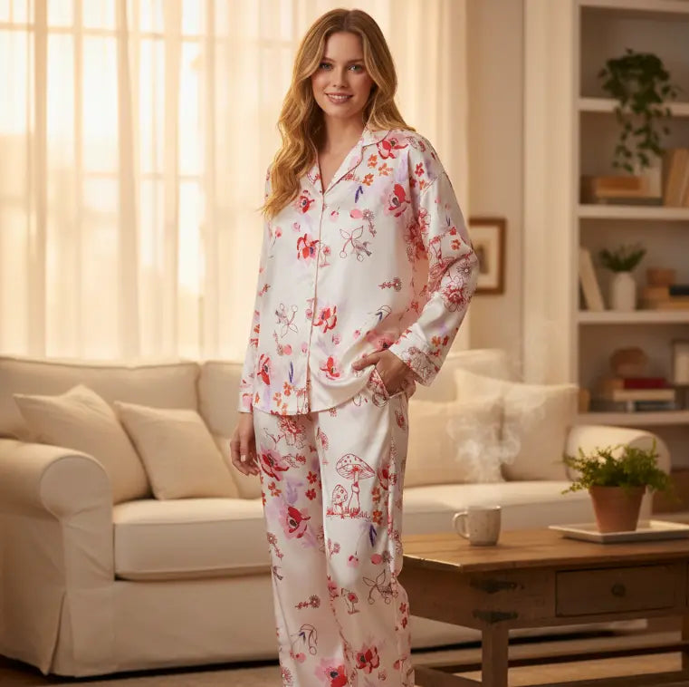 Women's Floral Satin Pajama Set, Long Sleeve Button-Down Shirt & Wide Leg Pants, Silky Sleepwear Loungewear Set for Women
