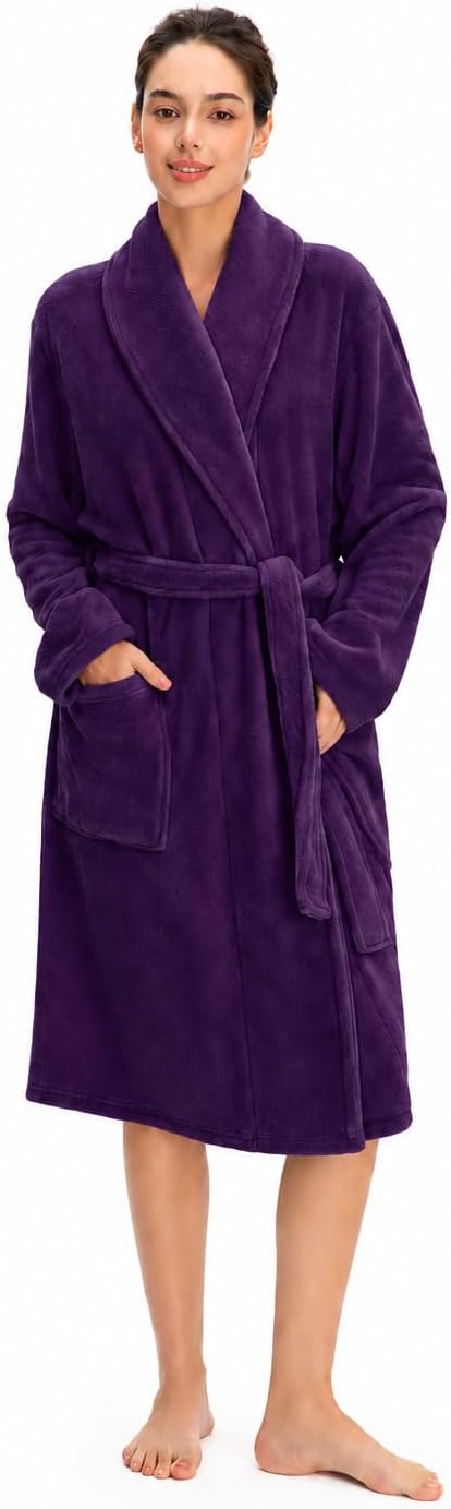 Women Plush Fleece Robe, Soft Fleece Warm Bathrobe