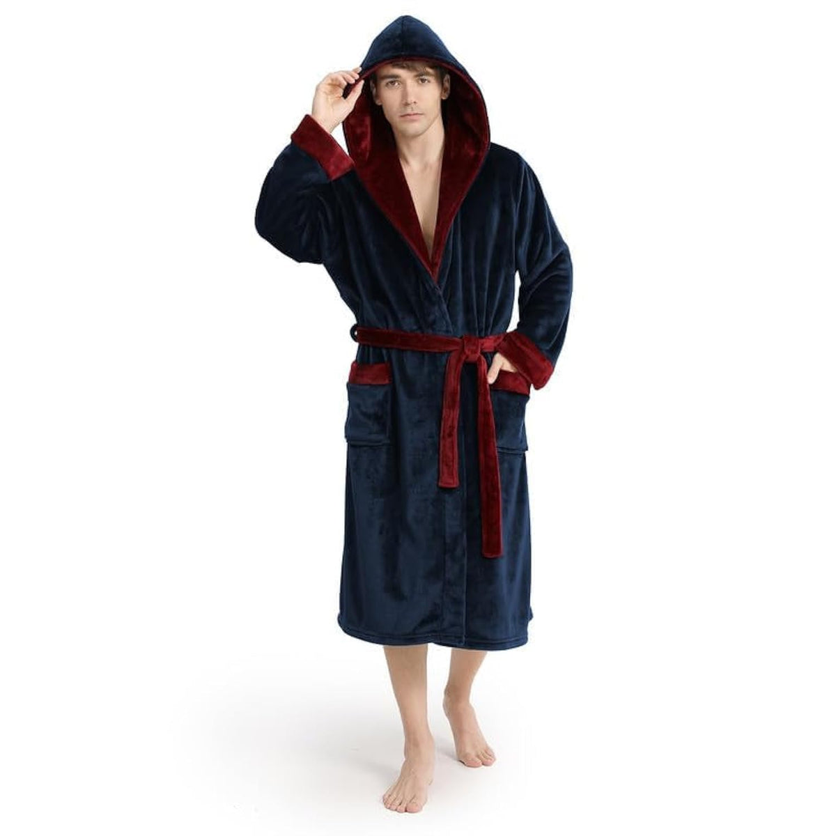 Yurhap Hooded Mens Robe, Cozy Fleece Bathrobe for Men, Plush Robe with Belt