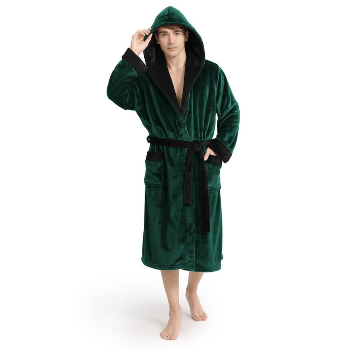 Yurhap Hooded Mens Robe, Cozy Fleece Bathrobe for Men, Plush Robe with Belt