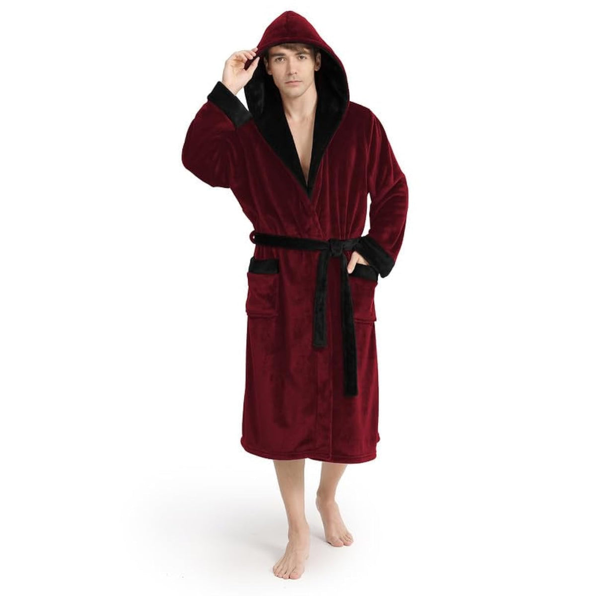 Yurhap Hooded Mens Robe, Cozy Fleece Bathrobe for Men, Plush Robe with Belt