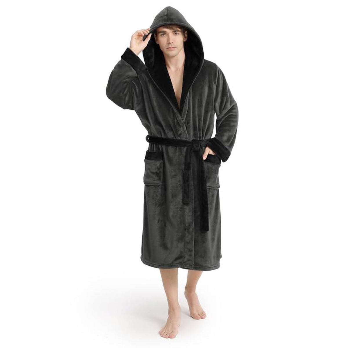 Yurhap Hooded Mens Robe, Cozy Fleece Bathrobe for Men, Plush Robe with Belt