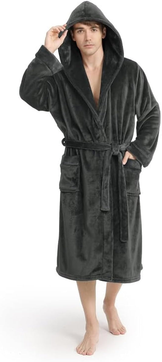 Yurhap Hooded Mens Robe, Cozy Fleece Bathrobe for Men, Plush Robe with Belt