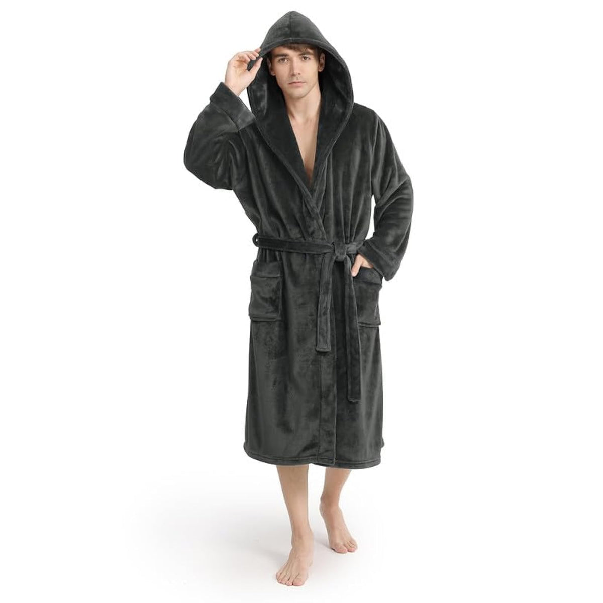 Yurhap Hooded Mens Robe, Cozy Fleece Bathrobe for Men, Plush Robe with Belt