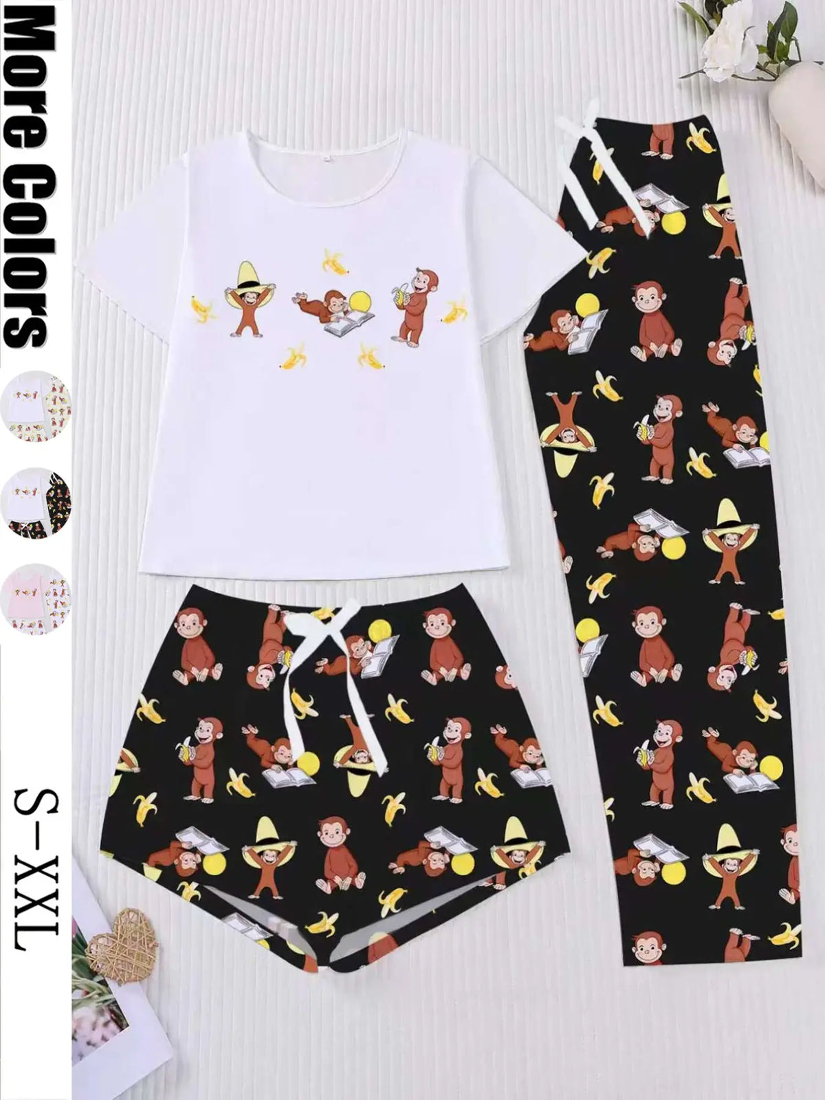Three-Piece Women's Short Sleeve Top & Long Pants & Shorts Sleepwear Set, Sleepwear Outfits, Casual Home Nightwear, Loungewear