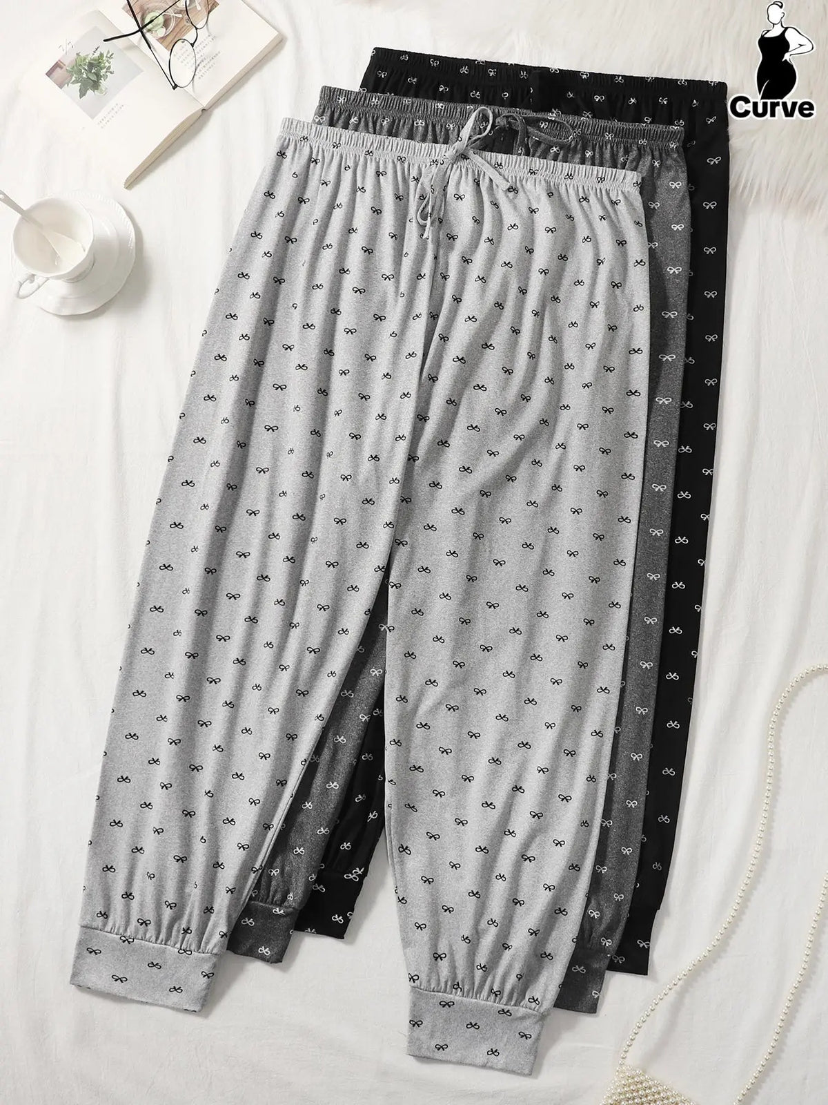 Plus Size Women's All Over Bow Print Knot Front Elastic Waist Knit Pajama Pants, Pj Bottoms, Loose Fit Everyday Casual Comfy Breathable Jogger Pants for Daily Home Wear, Women's Sleepwear for All Seasons, Nightwear, Loungewear, Homewear