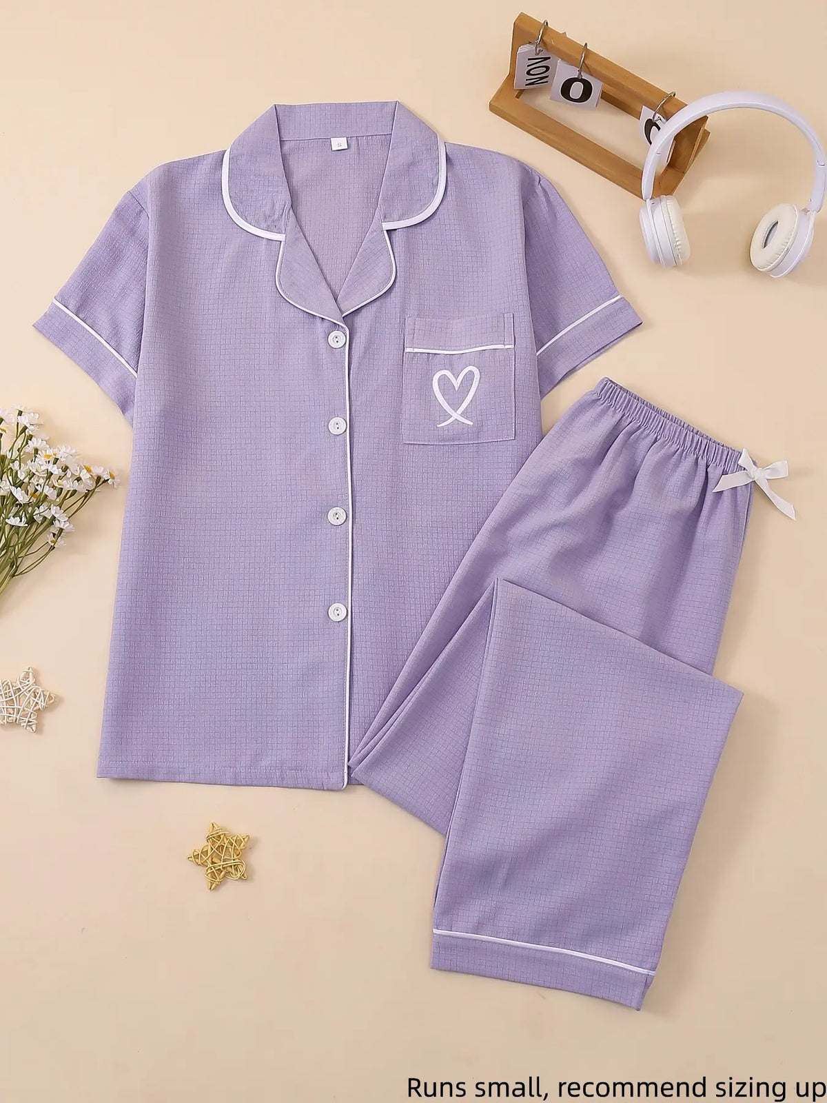Women's Casual Fitted Sleepwear Set, Soft Fabric Heart Embroidery Pajama Set, Short Sleeves Plain Everyday Home Wear, Loungewear & Nightwear Set, All-Season Pjs, Homewear, Comfy Pajamas