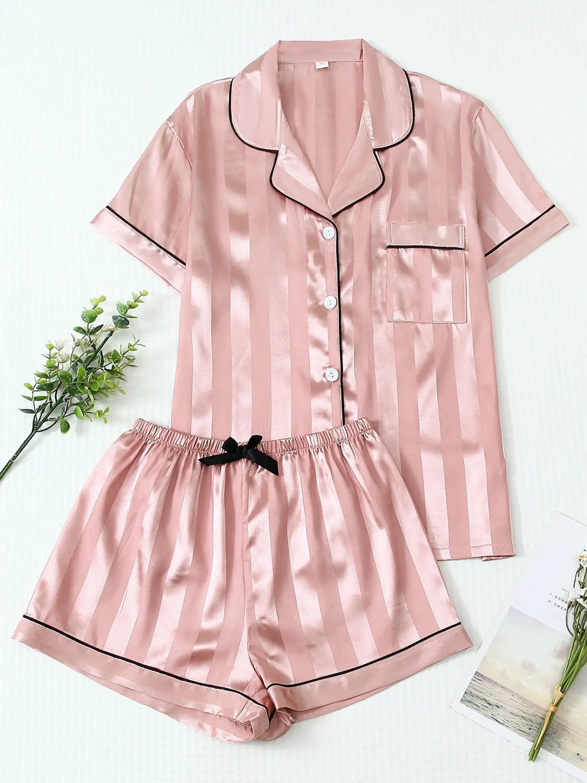 Women's 2-Piece Satin Pajama Set, Striped Collared Short Sleeve Top with Pockets, Bow Shorts, Loungewear Shorts Sets, Casual Home Wear, Fitted Style, Loungewear, Loungewear Outfit, Homewear, Nightwear, Pjs, Pyjamas