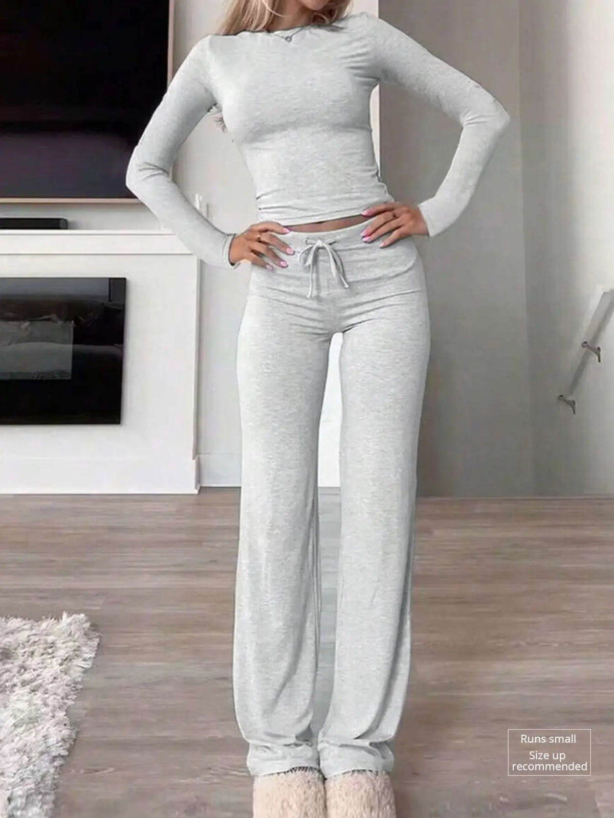 Women's Solid Long Sleeve Crop Top & Drawstring Waist Straight Leg Pants Loungewear Set, Casual Comfy Round Neck Top & Trousers PJ Set, Ladies Sleepwear for Summer & Fall