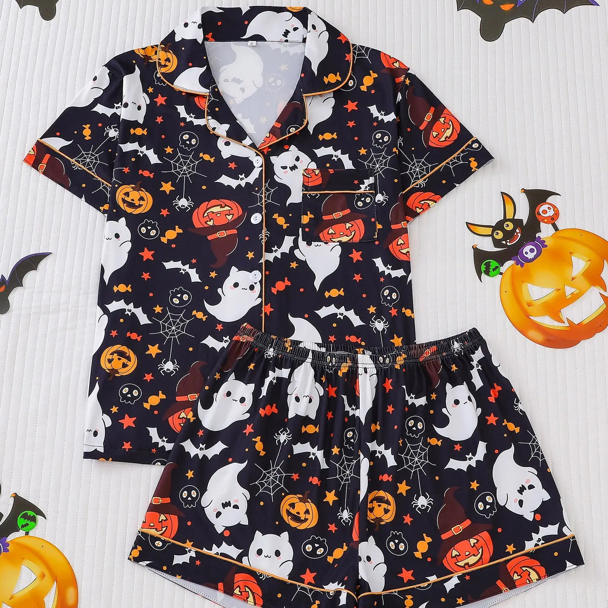 Msrlassn Women's Halloween Print Lapel Neck Pajama Set Casual Comfy Short Sleeve Top & Shorts Pj Set Ladies Sleepwear for All Seasons Loungewear