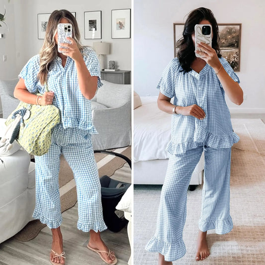 Buenoble Womens Plaid 2 Piece Pajamas Sets Gingham Button Down Puff Sleeve Babydoll Shirt Ruffle Pants Y2K Pjs Lounge Set