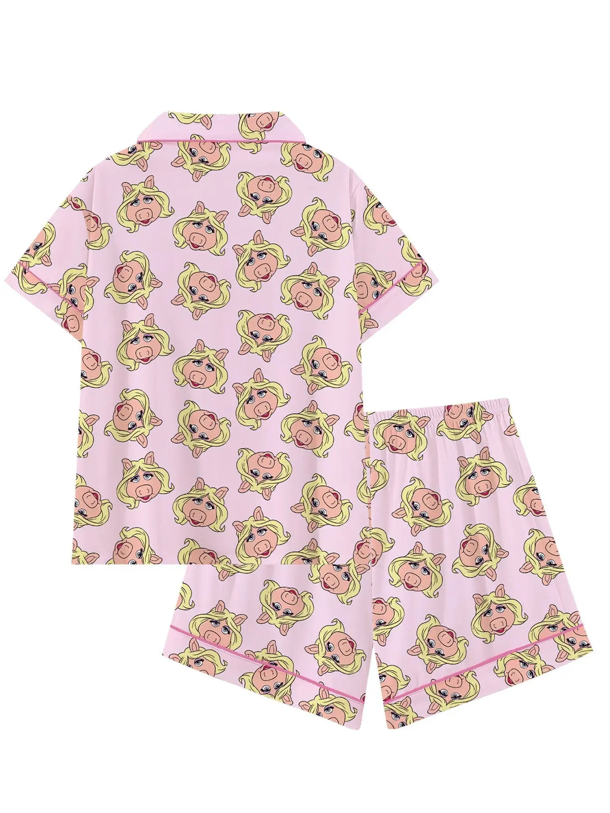 Women's Cute Pink Pig Character Print Pajama Set, Short Sleeve Button Down 2-Piece Loungewear, Pajama Lounge Sets, Adorable Cartoon Pig Sleepwear with Pink Trim,Perfect for Summer Nights & Sleepovers, Lounge Pjs Set