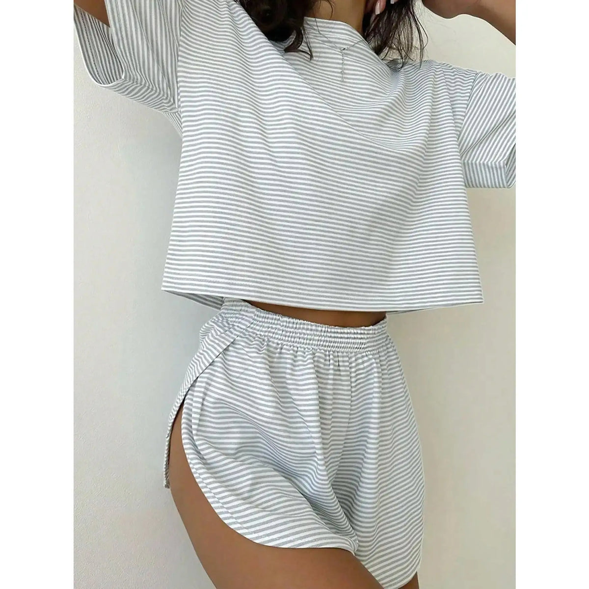 Women's 2-Piece Knitted Nightwear & Loungewear Set - Round Neck Short-Sleeve Loose Top, Split Shorts, Casual Home Wear with Playful Contrasting Stripes, Sohochic