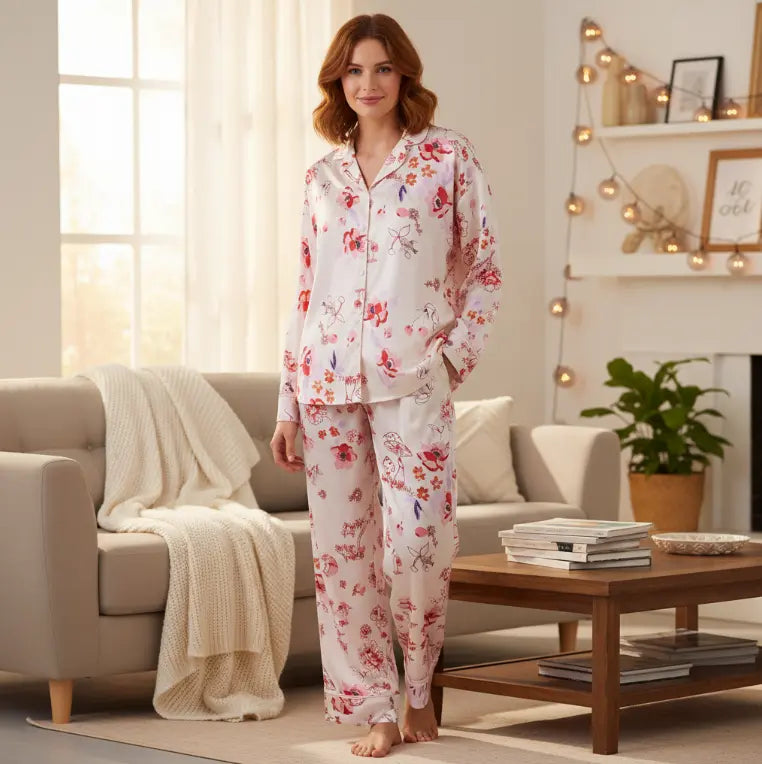 Women's Floral Satin Pajama Set, Long Sleeve Button-Down Shirt & Wide Leg Pants, Silky Sleepwear Loungewear Set for Women