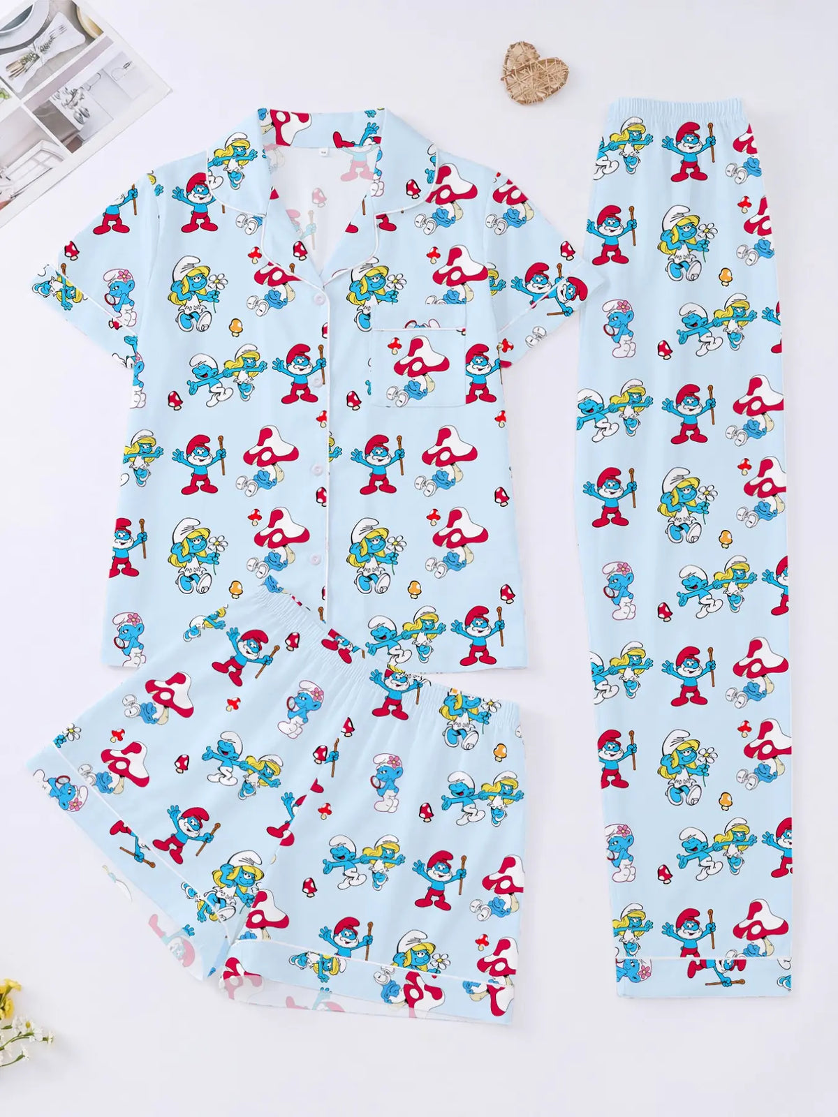 3-Piece Light Blue Smurfette Women's Loungewear Pajama Set, Short Sleeve Button-Down Top, Elastic Shorts & Pants, Comfortable Home Wear, Pajamas Sleepwear