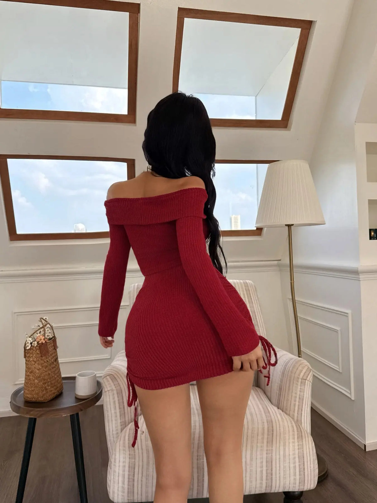 Autumn Summer Women's Fashion Chic Sexy Knitted Short Sleeve One-Shoulder Pajama Set Top Skirt Nightwear Outfit Loungewear, Elegant Slim-Fitting Plain Pattern Womenswear