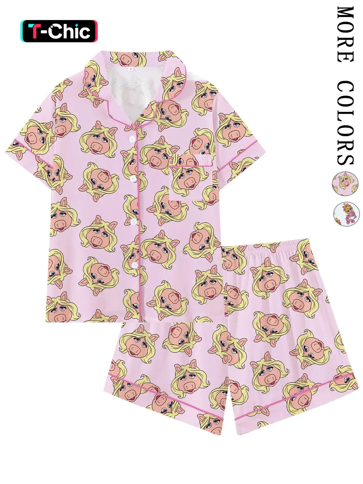 Women's Cute Pink Pig Character Print Pajama Set, Short Sleeve Button Down 2-Piece Loungewear, Pajama Lounge Sets, Adorable Cartoon Pig Sleepwear with Pink Trim,Perfect for Summer Nights & Sleepovers, Lounge Pjs Set