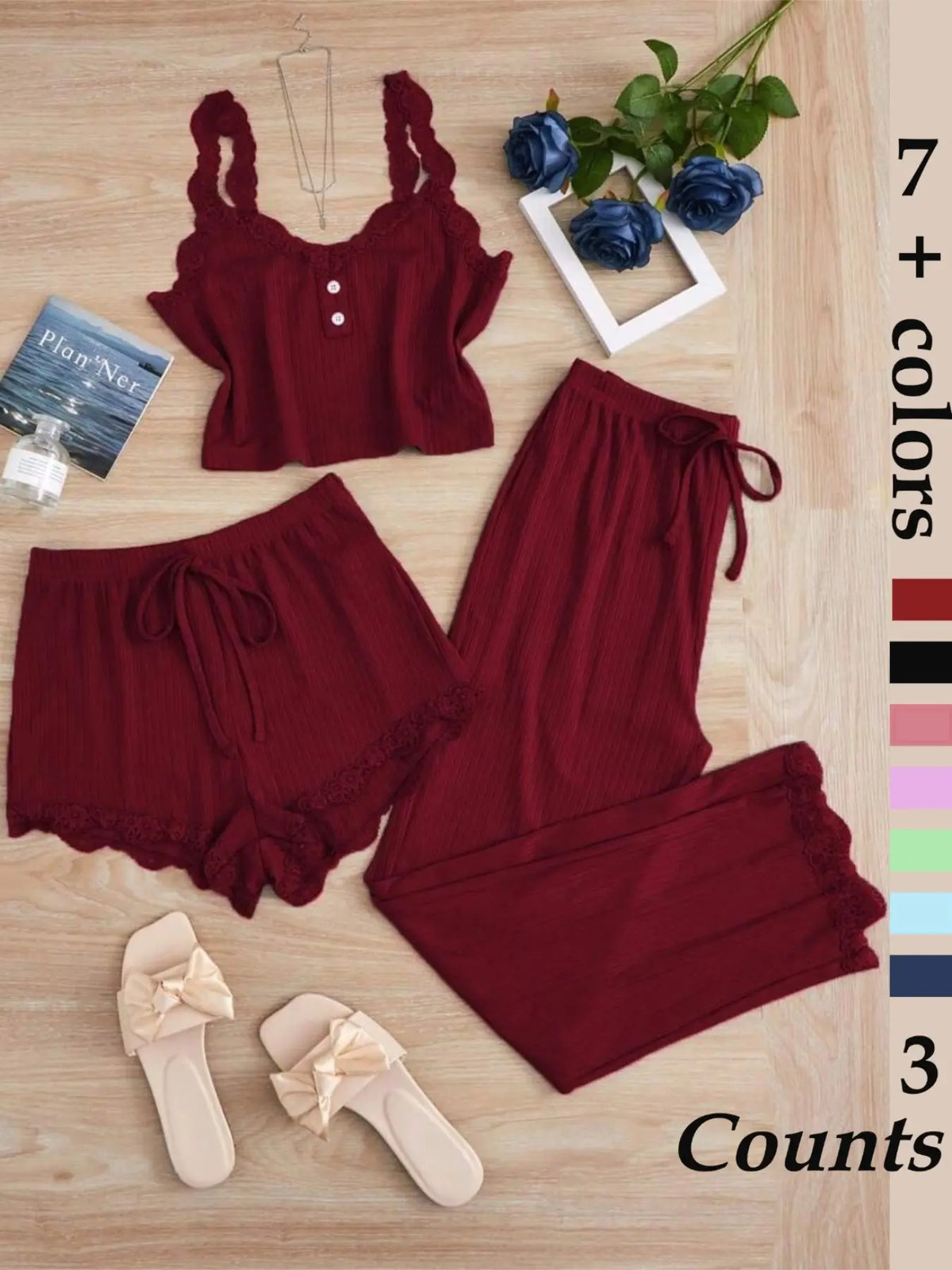 Women's Sleepwear Set, Three-Piece Lace Trim Tank Top & Shorts & Long Pants Pajamas, Soft Breathable Comfortable Casual Loungewear Outfits, Home Clothes Loungewear