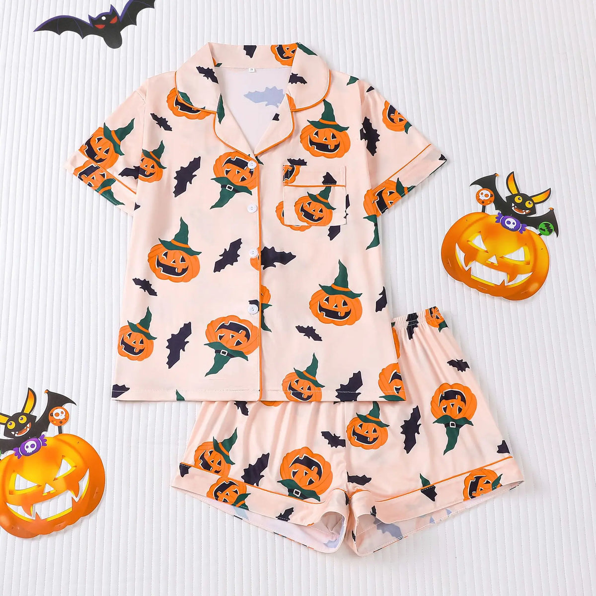 Msrlassn Women's Halloween Print Lapel Neck Pajama Set Casual Comfy Short Sleeve Top & Shorts Pj Set Ladies Sleepwear for All Seasons Loungewear