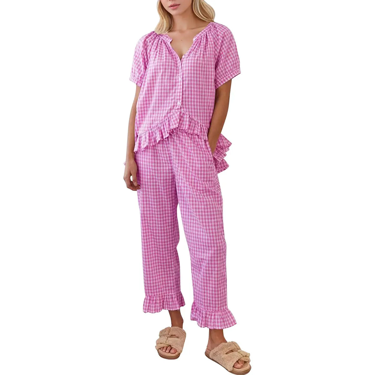 SCUSTY Women Two Piece Sets Y2k Plaid Pajama Sets Ruffle Hem Gingham Short Sleeve Shirt High Waist Bell Bottom Pants Lounge Cute Soft Sets