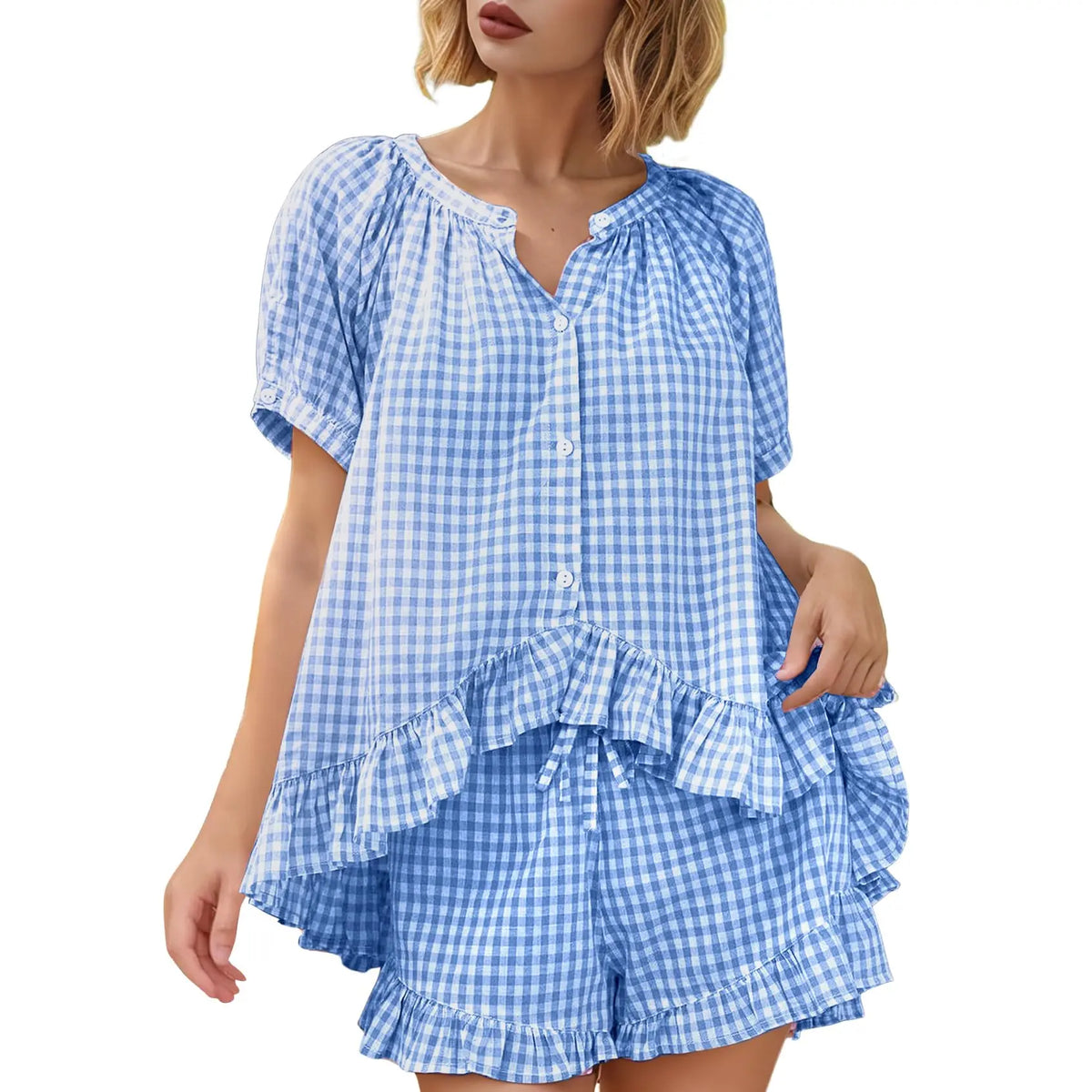 Arssm Women’s Gingham Pajamas Set – 2-Piece Cotton PJs with Ruffle Babydoll Shirt & Plaid Shorts for Cozy Sleepwear & Lounge Outfits