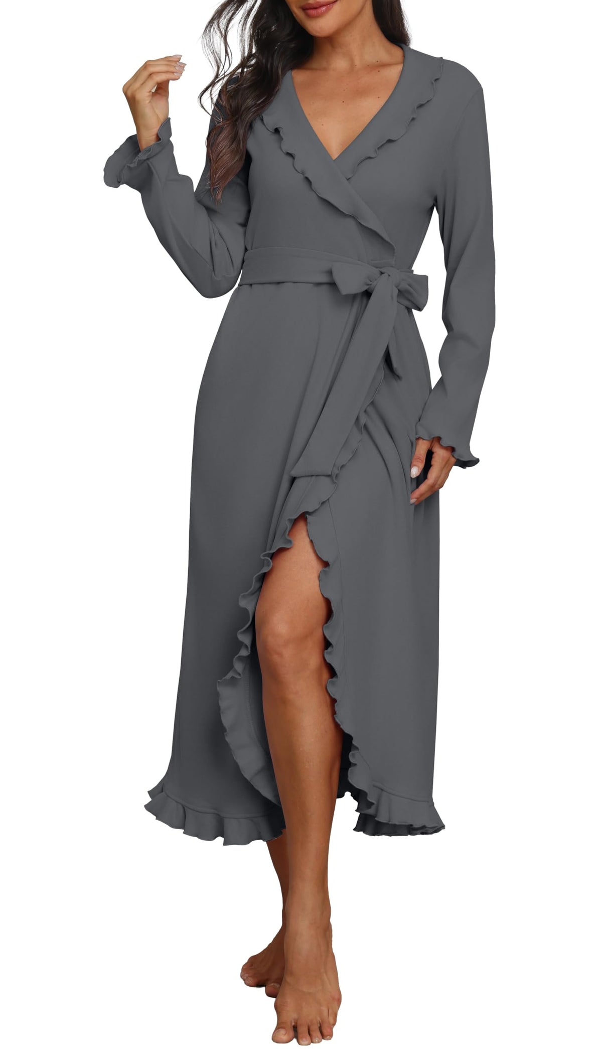 PrinStory Womens Robe Fleece Ruffle Warm Long Bathrobe