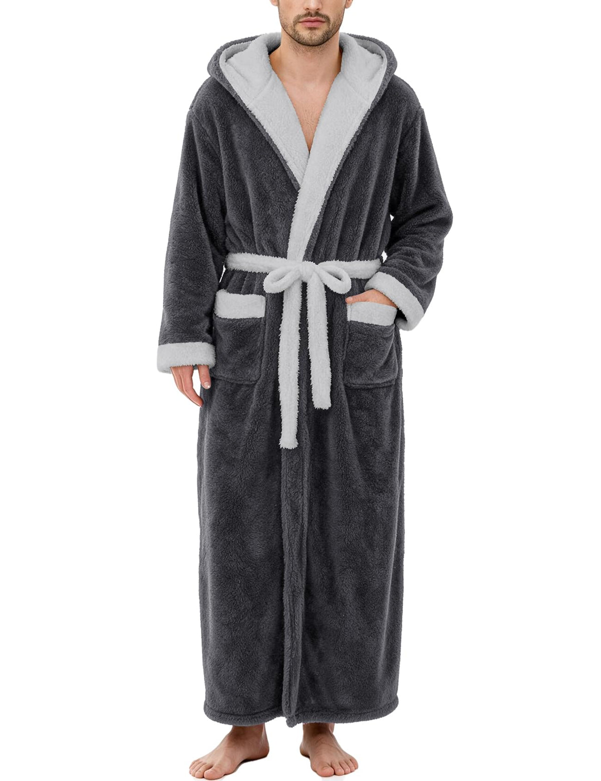Flygo Mens Plush Hooded Robe Soft Fleece Full Length Bathrobe
